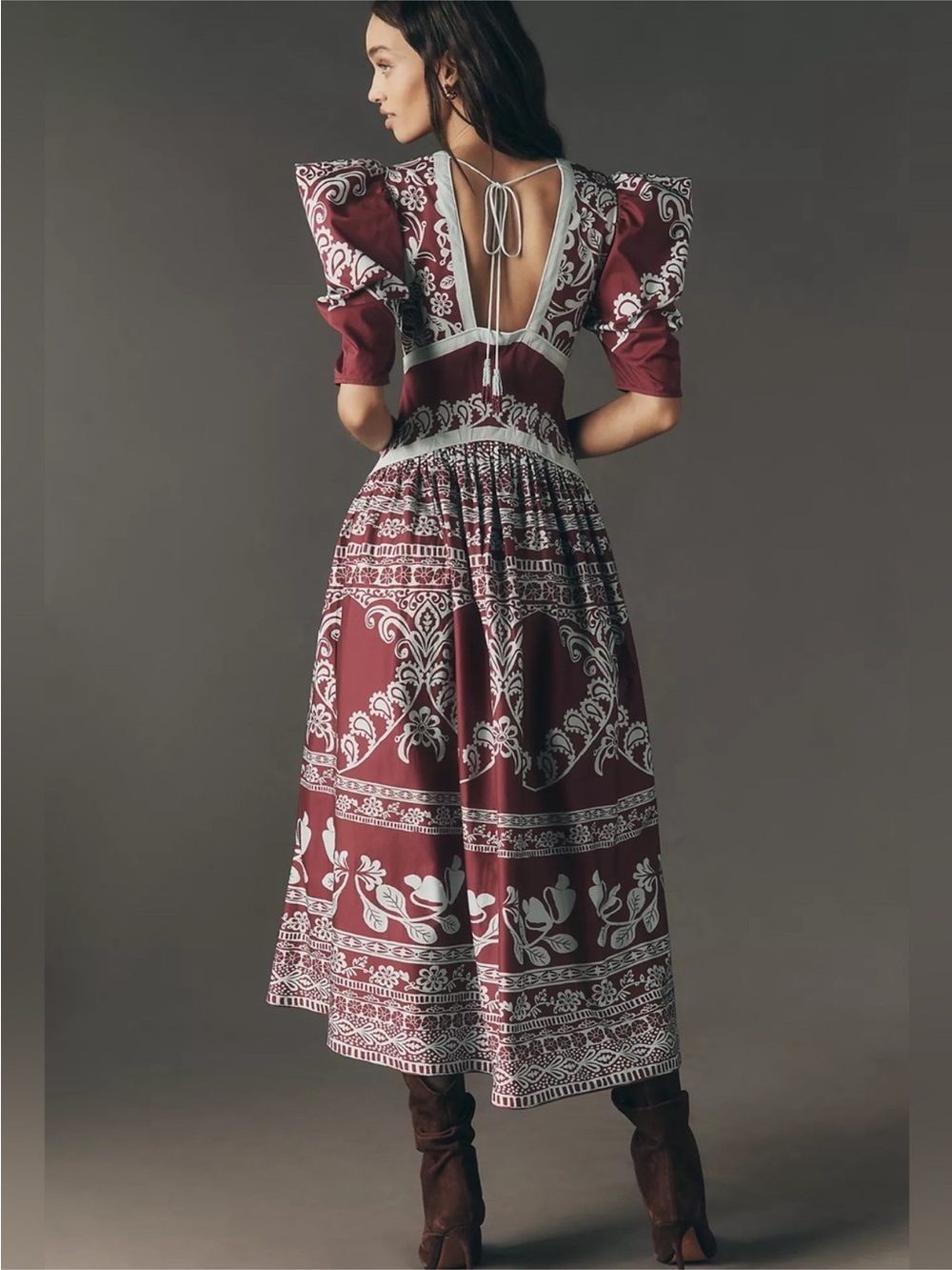 🪁 Farm Rio for Anthropologie Floral V-Neck Open Back Beaded Tie Midi Dress Large - Picture 4 of 10